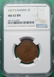 캐나다 1917년1센트 청동 LARGE - NGC MS 62  BN