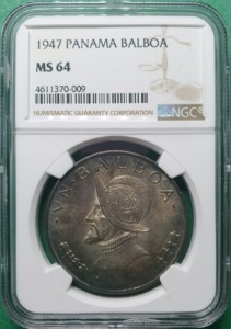 파나마 1947년 1 발보아 토닝 실버 - NGC MS 64