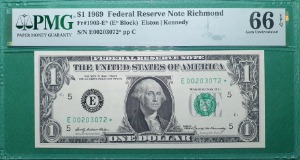 미국 1969년 1달러 FEDERAL RESERVE NOTE E* BLOCK S/N. E00203072* STAR NOTE - PMG 66 EPQ