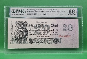 독일 REPUBLIC TREASURY NOTE 1923년 20 MILLIONEN MARK - PMG 66 EPQ