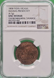 인디아 1808년 10 CASH MADRAS PRESIDENCY 4.7g COPPER - NGC UNC DETAILS