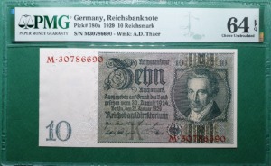 독일 1929년 REICHSBANKNOTE 10 REICHSMARK  - PMG 64 EPQ