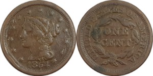 미국 1854년 1 센트(Liberty Head/Braided Hair Cent)