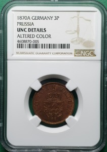 독일 1870A년 3 페닝 프러시아 -NGC UNC DETAILS ALTERED COLOR