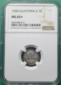 과테말라 1960년 5 센타보스 은화 토닝 - NGC MS65+