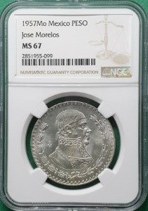 멕시코 1957MO 1페소 은화 - NGC MS67 고등급