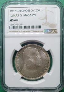 체코슬로바키아 1937년 20코룬 TOMAS G. MASARYK 은화 - NGC MS 64