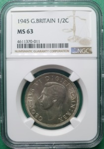 영국 1945년 1/2 CROWN SILVER - NGC MS 63