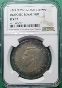 뉴질랜드 1949년 크라운 PROPOSED ROYAL VISIT SILVER TONING - NGC MS 62