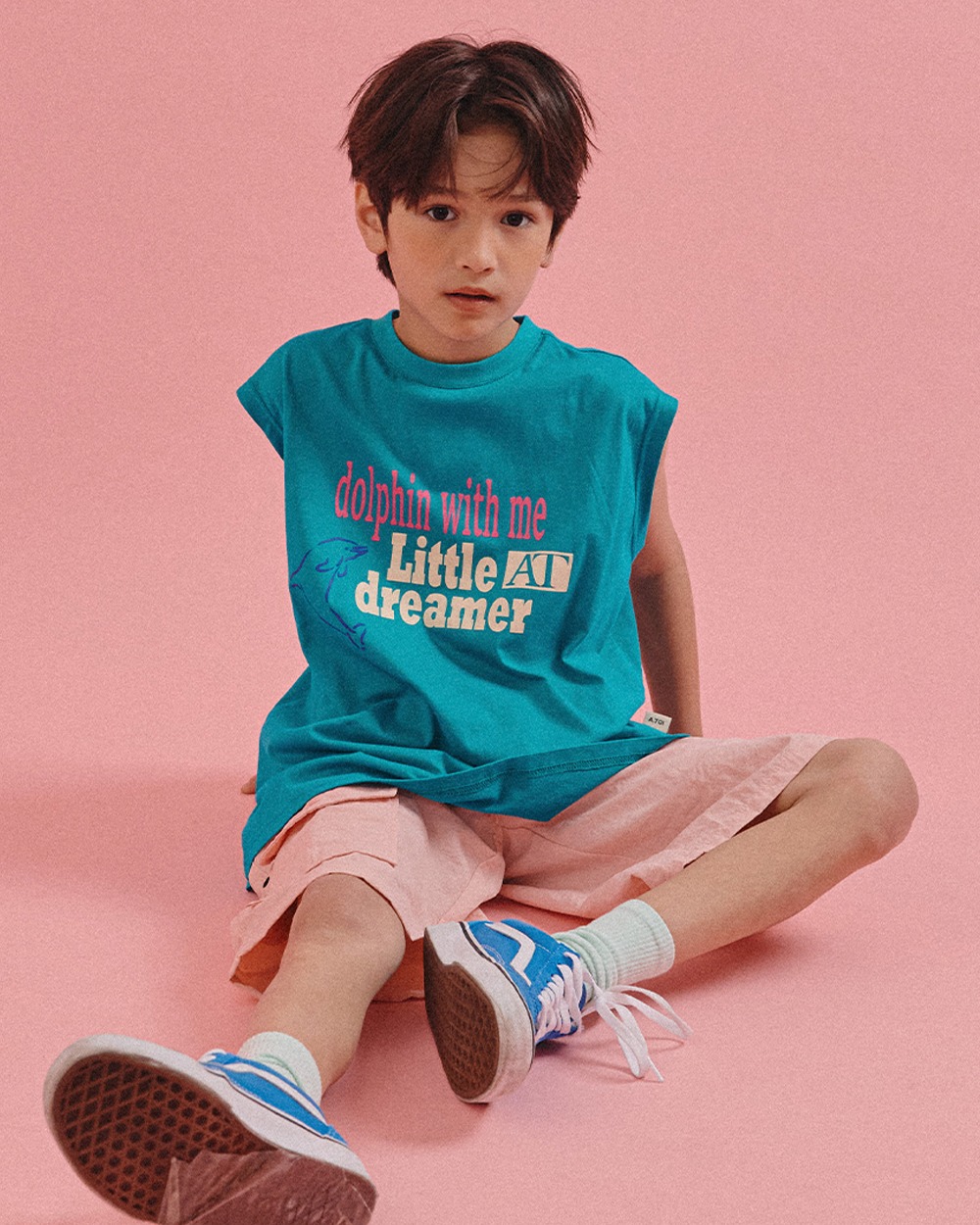 돌핀 슬리브리스 티셔츠 그린 + 화섬 포켓 숏츠 핑크 SET