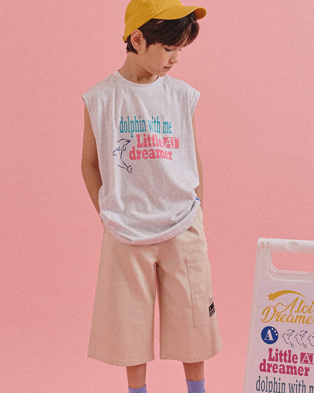 [앵콜주말특가] 돌핀 슬리브리스 티셔츠 멜란 그레이 + 아웃 포켓 숏츠 베이지 SET