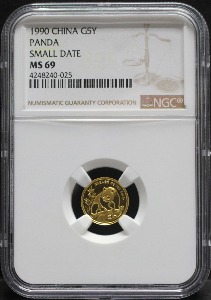 중국 1990년 팬더 - 스몰 데이트 1/20oz 금화 NGC 69등급