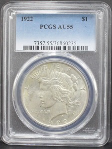 미국 1922년 1$ 피스 달러 준미사용 은화 PCGS 55등급