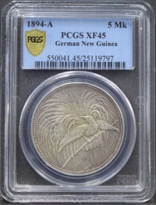 뉴기니 (독일령) 1894년 5마르크 통용 은화 PCGS 45등급