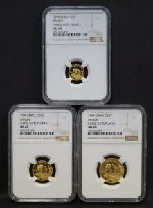 중국 1999년 팬더 - 라지 데이트 1/4, 1/10, 1/20oz 금화 3종 NGC 69등급