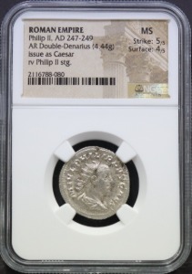 로마 247~249년 황제 필리푸스 아라부스 (Marcus Iulius Philippus) 더블 데나리온 (Double Denarius) 은화 NGC MS 인증