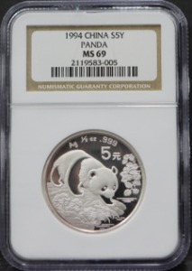 중국 1994년 팬더 5위안 1/2oz 은화 NGC 69등급