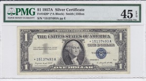 미국 1957년 1달러 은태환권 (Silver Certificate) - 스타 노트 (보충권) PMG 45등급