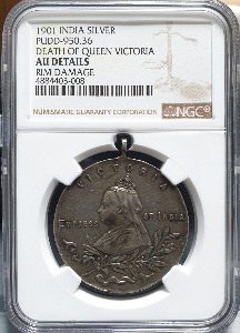 인도 1901년 빅토리아 여왕 서거 추모 (Death of Queen Victoria) 은메달 NGC AU Details