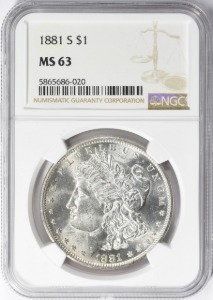 미국 1881년 1$ 모건 달러 미사용 은화 NGC 63등급 (&quot;S&quot; 마크)