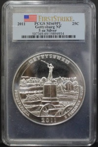 미국 2011년 펜실베니아 주 게티스버그 (Gettysburg) 국립공원 5oz 은화 PCGS 69등급