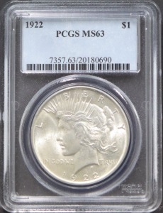 미국 1922년 1$ 피스 달러 미사용 은화 PCGS 63등급