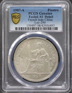 인도차이나 1907년 1피아스터 통용 은화 PCGS AU Detail