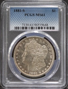 미국 1881년 1$ 모건 달러 미사용 은화 PCGS 61등급 (&quot;S&quot; 마크)