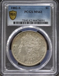 미국 1882년 1$ 모건 달러 미사용 은화 PCGS 62등급 (&quot;S&quot; 마크)