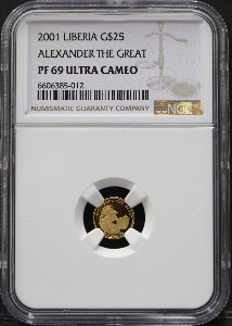 라이베리아 2001년 알렉산더 (Alexander) 대왕 1/40oz (0.78g) 소형 금화 NGC 69등급