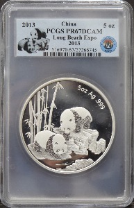 중국 2013년 미국 롱비치 화폐박람회 팬더 5온스 은메달 PCGS 67등급