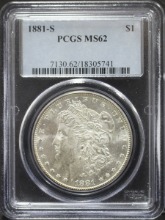 미국 1881년 1$ 모건 달러 미사용 은화 PCGS 62등급