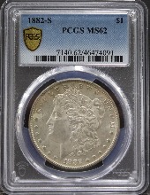 미국 1882년 1$ 모건 달러 미사용 은화 PCGS 62등급 (&quot;S&quot; 마크)