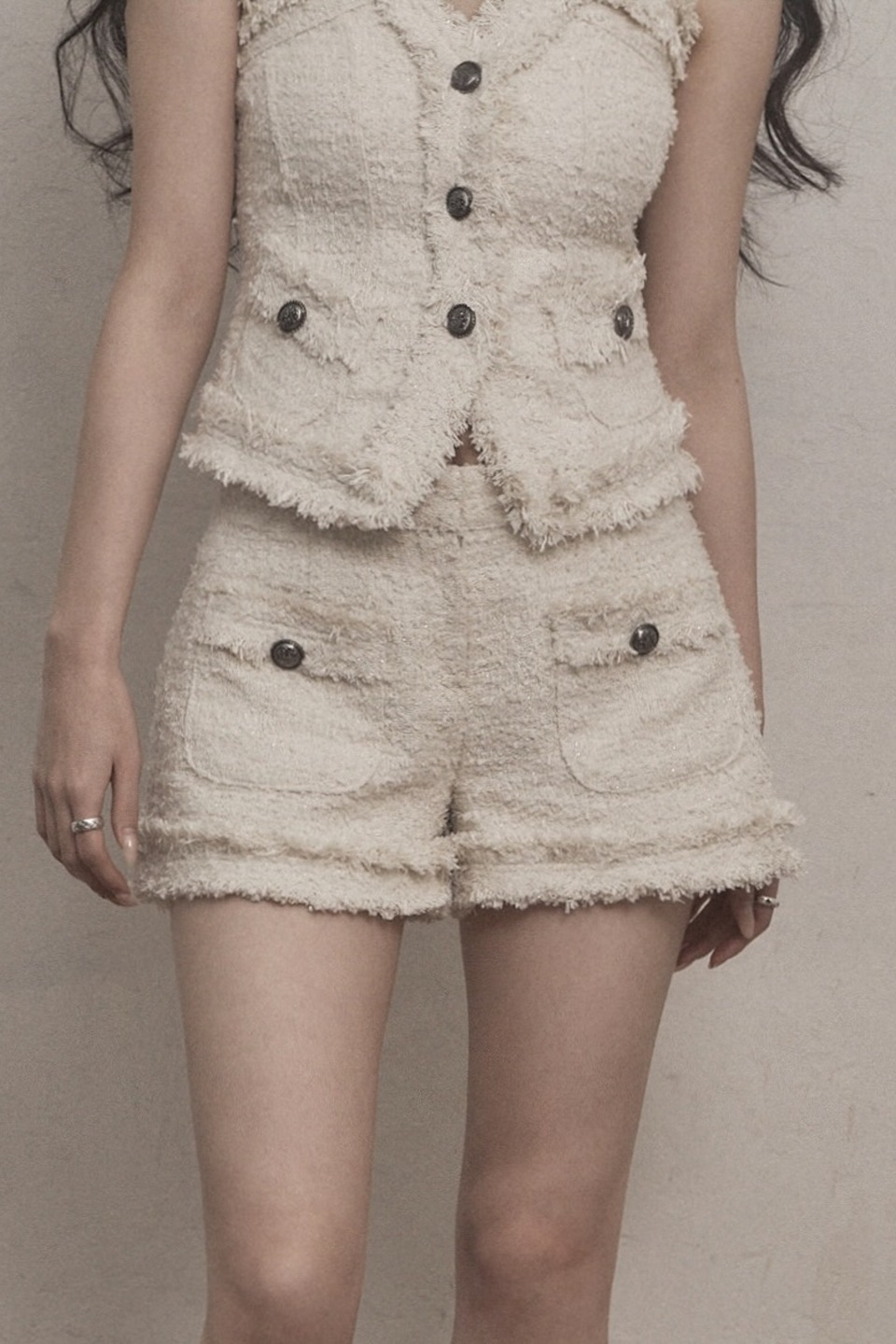 韓国 ツイードショートパンツ[KHAKIPOINT] ANTIQUE TWEED SHORTS チェックショートパンツ ボタンショートパンツ ツイード ショー