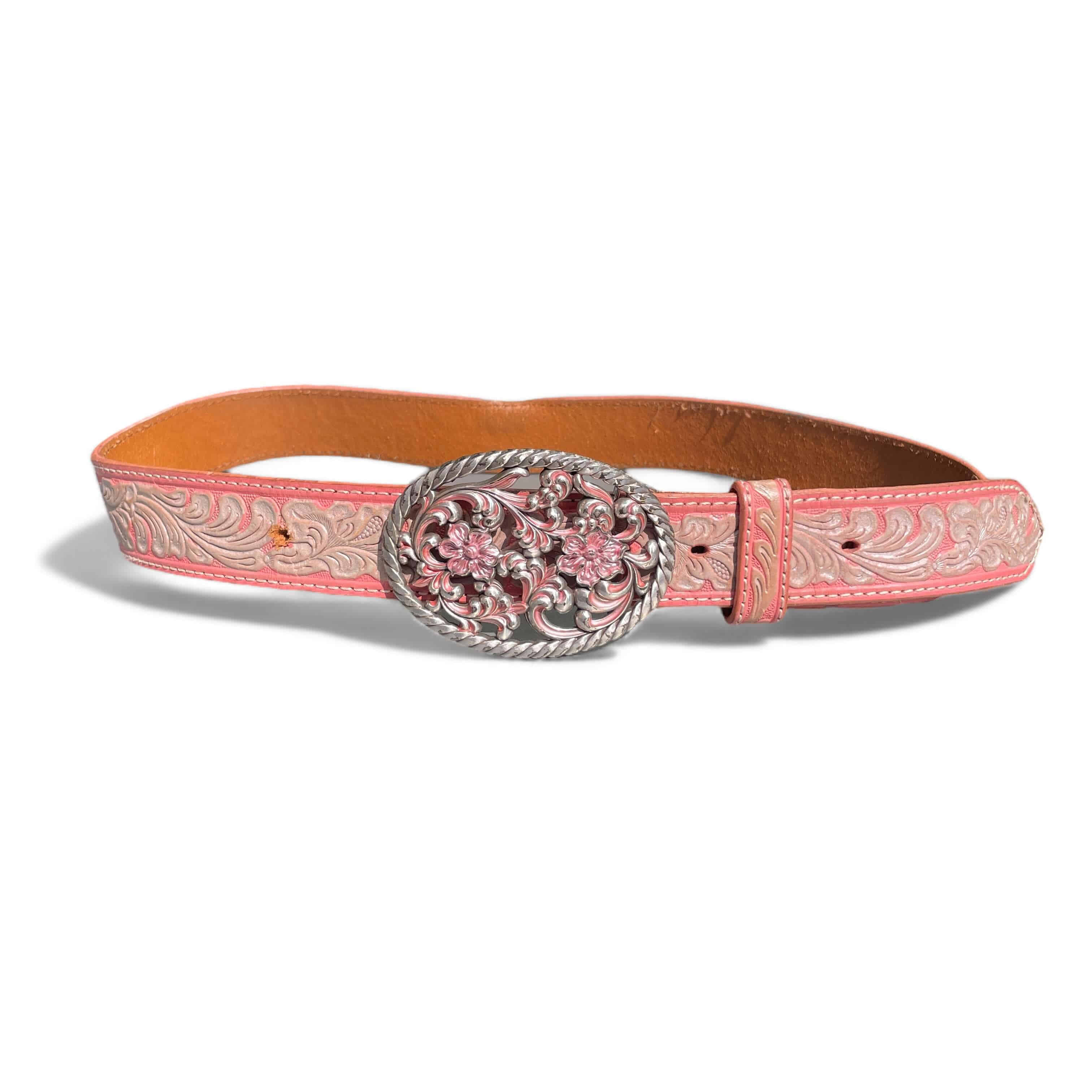 Vintage Flower Pressed Pink Leather Classic Belt