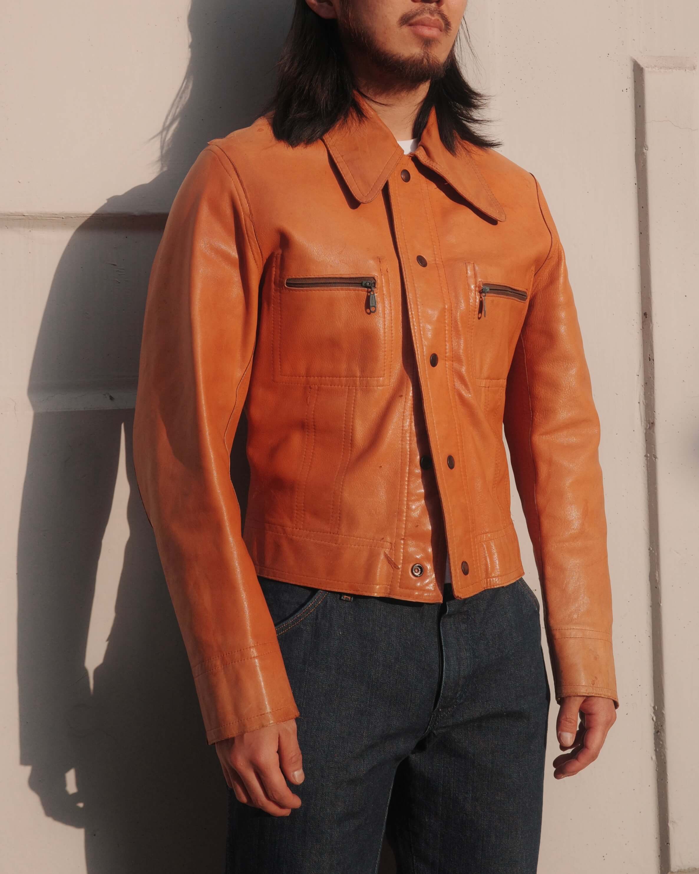 1970&#039;s Orange Brown Leather Craft Trucker Style Jacket