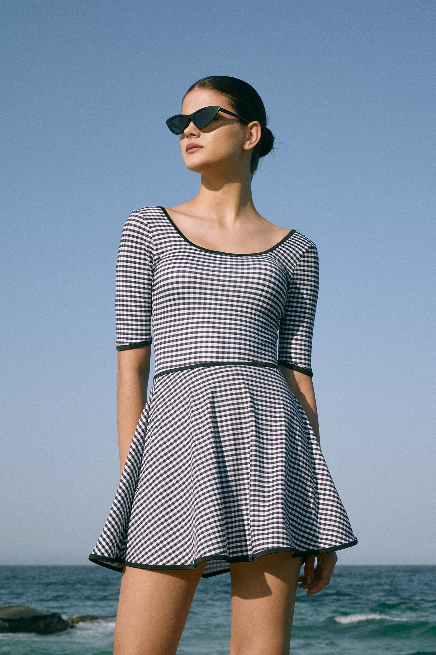 Gingham Check Flare Swim Skirt-Black