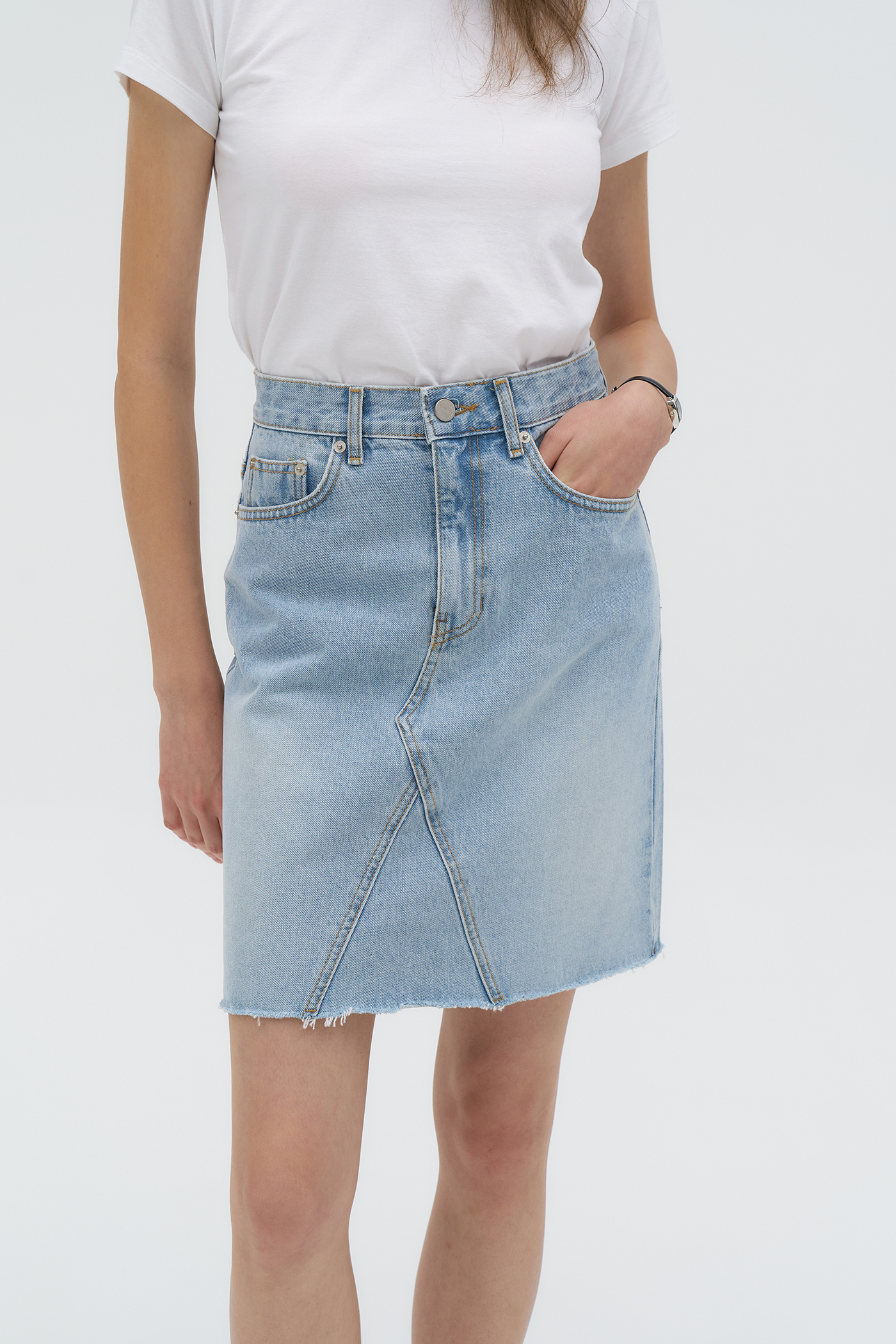 Cutting Midi Denim Skirt[LMBDSUDN4118]-Light Blue