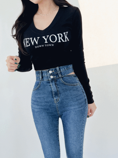 뉴욕 레터링 글램핏 스판 슬림 쫀쫀 골지 브이넥 크롭 티셔츠 3color