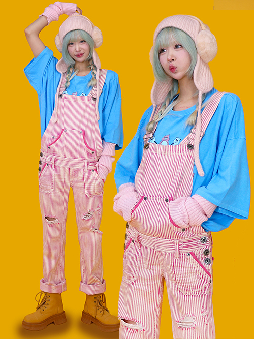 [vintage] pink damage overall pants