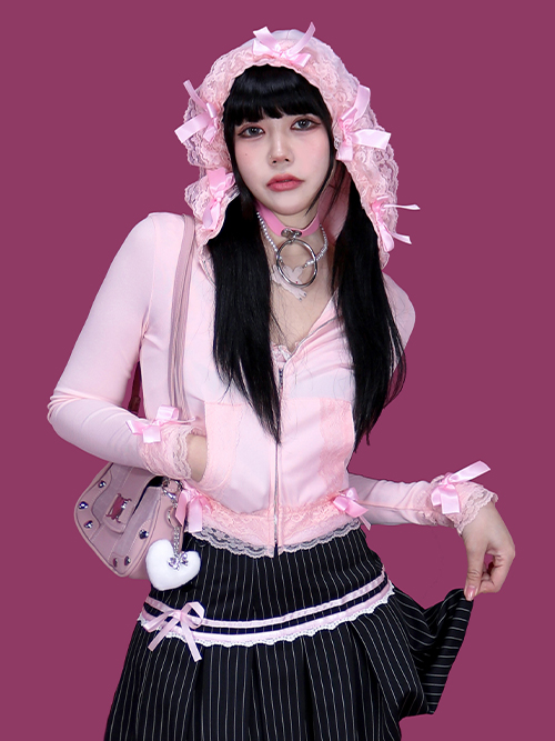 pinky ribbon hood zip-up