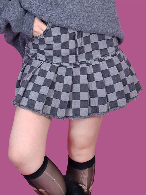 checker gray denim skirt (속바지)