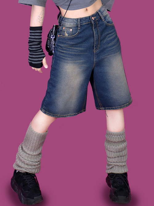 grunge half denim pants (2color)