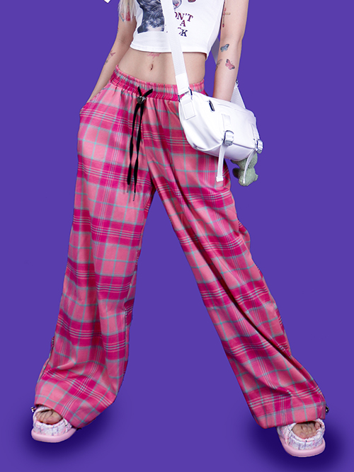 kitsch pink check banding pants