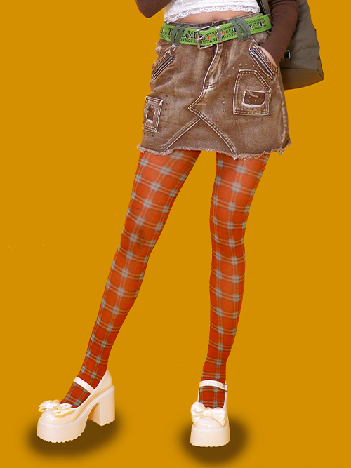 Retro check stockings - orange