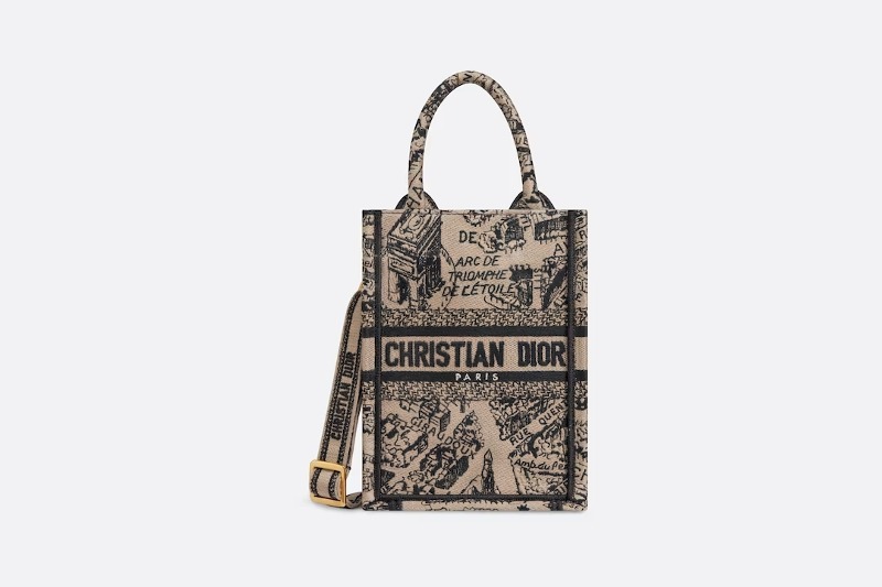 디올 DIOR BOOK TOTE 미니 휴대폰 백베이지 &amp; 블랙 Plan de Paris 자수 (13 x 18 x 5cm) S5555COMP_M918