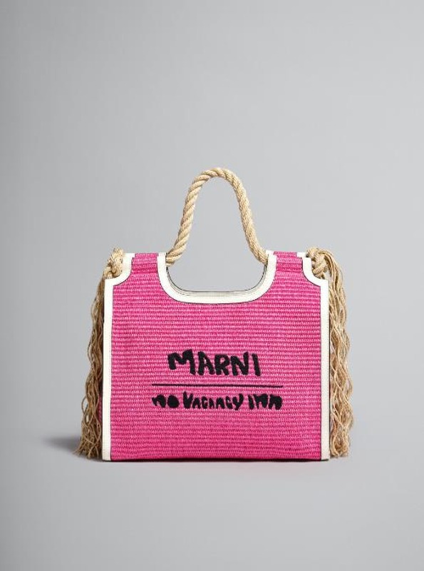 마르니 MARNI X NO VACANCY INN - 화이트 트리밍 디테일 핑크 라피아 소재 MARCEL 토트백 BMMP0024U1P5492ZO546