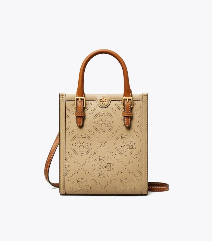 토리버치 T MONOGRAM PERFORATED MINI N/S TOTE - ALMOND TB3YD3LT7A