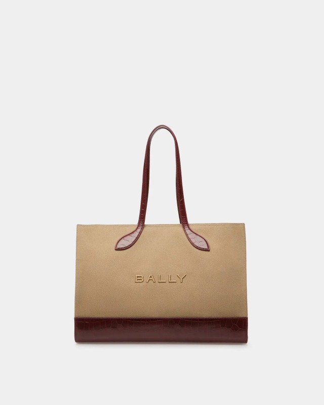 발리   Bar Tote Bag In Sand And Burgundy Fabric 6304711