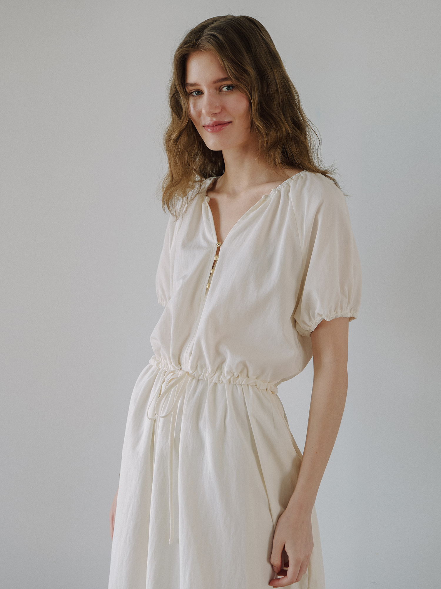 Raglan Gold button Long dress - Ivory